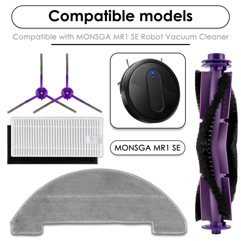 (11 Pack) MR1 SE Replacement Parts Compatible with MONSGA MR1 SE Robot Vacuum Cleaner, 1 Roller Brush, 4 Side Brushes, 4 HEPA Filters with Foam Filters, 2 Mop Pads, Accessories Kit