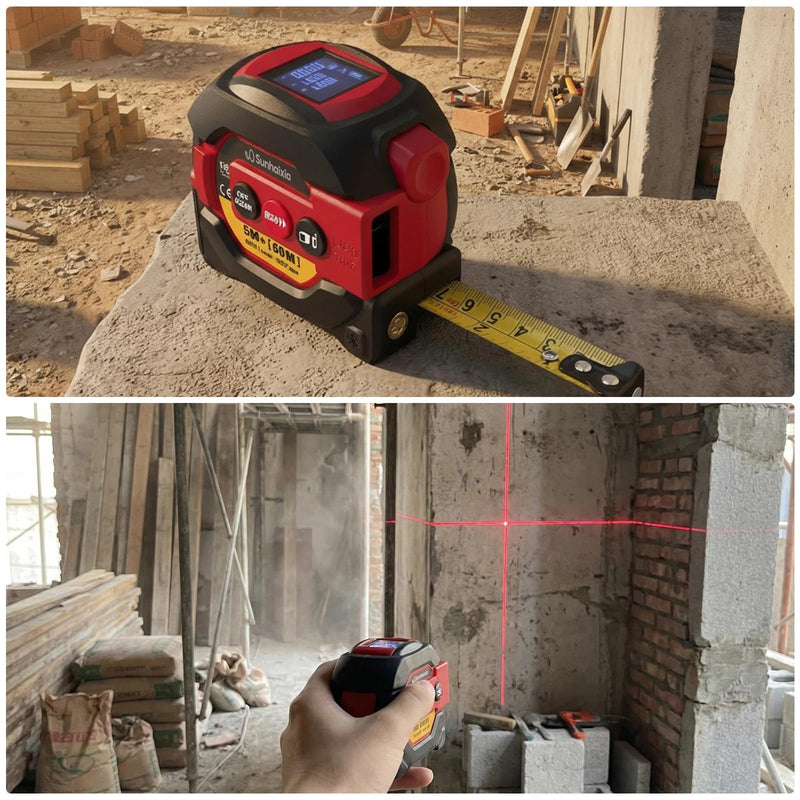 Laser Tape Measure 3 in 1 with Laser Level Crosshairs |196ft/60m Laser Distance+16ft/5m AutoLock Tape |Backlit LCD Display (Ft/Inch/M/mm) |for DIY,Construction, Interior Design (Red) Red
