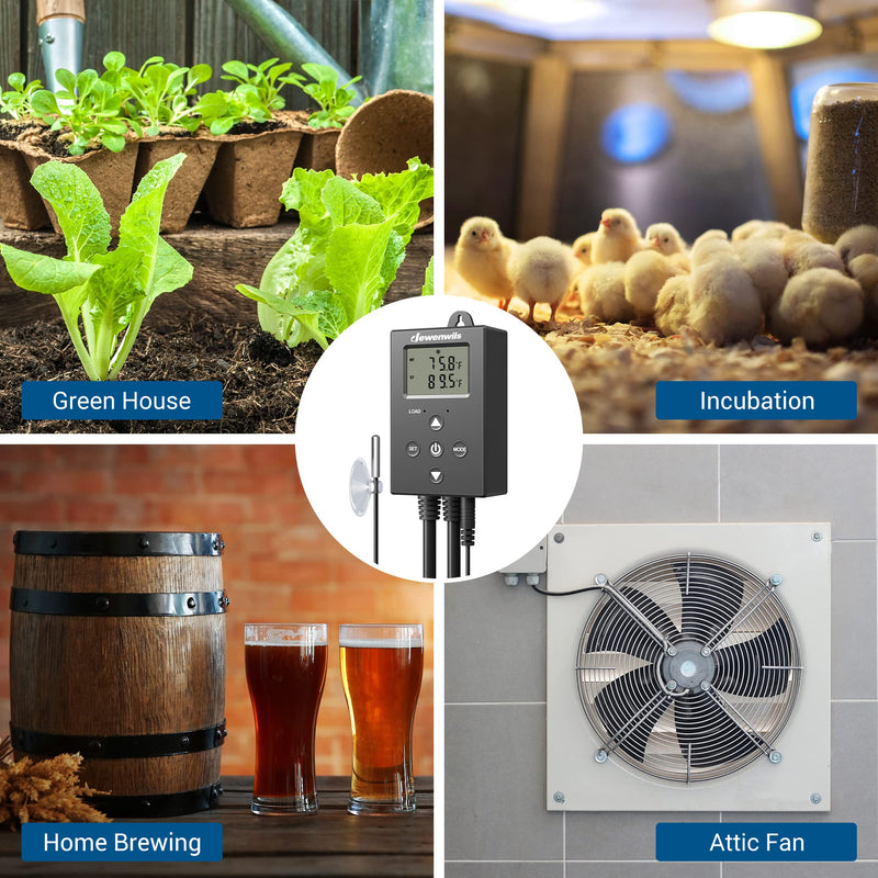 [Australia - AusPower] - DEWENWILS Digital Temperature Controller Thermostat Outlet with Heating & Cooling Mode for Chest Freezer, Home Brewing, Green House, Incubation, Reptiles, -22°-221°F, 120V/10A/1200W 