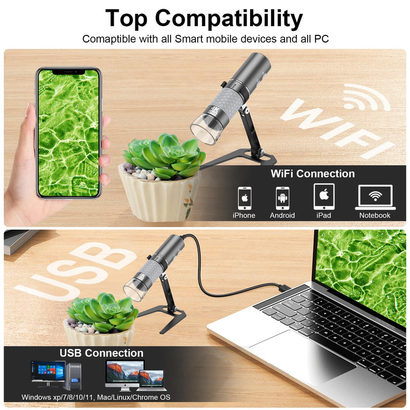 [Australia - AusPower] - Cainda 4K 3840x2160p WiFi Digital Microscope for iPhone/Android Phone and Windows Mac PC, Wireless Handheld Microscope Camera, Portable Microscope with Metal Stand for Adults and Kids WiFi Microscope with Stand 