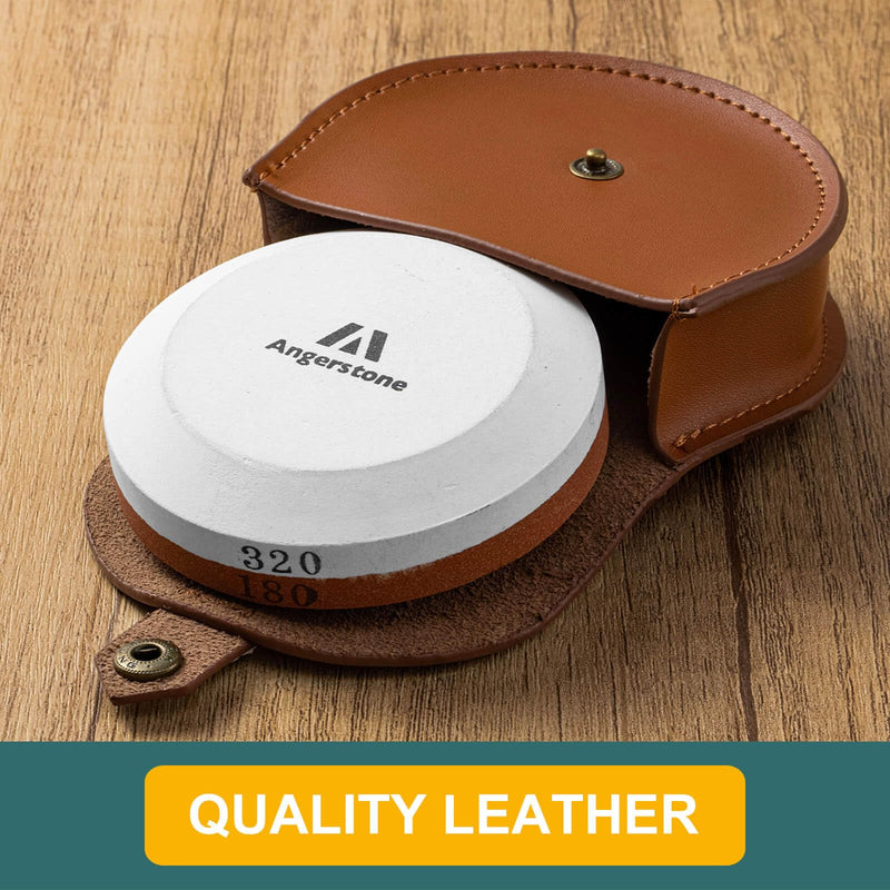 [Australia - AusPower] - Angerstone Axe Sharpener - Multipurpose Axe/Hatchet Sharpening Stone - Whetstone Blade & Tool Sharpener, Dual Grit 180/320 Sharpening Puck with Leather Sheath small 