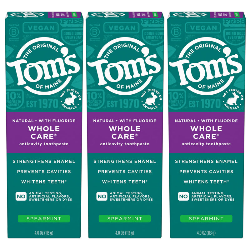 [Australia - AusPower] - Tom's of Maine Whole Care Natural Toothpaste with Fluoride, Spearmint, 4 Ounce (Pack of 3), (Packaging May Vary) 4 Ounce (Pack of 3) 