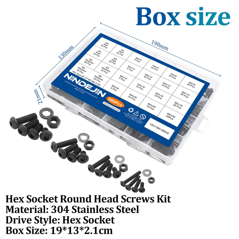 [Australia - AusPower] - NINDEJIN 580pcs M2 M3 M4 M5 Hex Socket Cap Screws Set, 8 12 16 20mm Screw Bolts and Nuts Assortment Kit, 304 Stainless Steel Metric Hex Socket Screws and Nuts and Flat Wahser Set, Fully Machine Thread 580Pcs M2-M5 8mm-20mm 