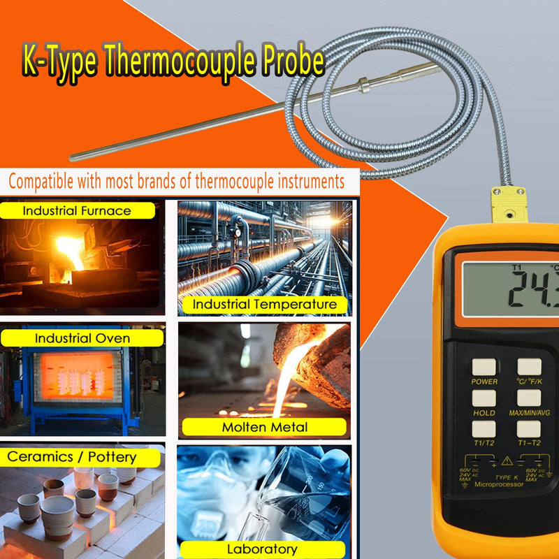 [Australia - AusPower] - TL3162K K-Type Thermocouple Probe Round Probe 8“-0.2” Measurement Range 40°F-750°F Cable 60" 