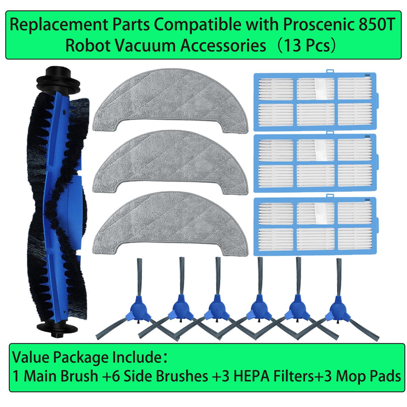 [Australia - AusPower] - Replacement Spare Parts for Proscenic 850T Robot Vacuum 1 Main Brush 3 Pair Side Brush 3 Filter 3 Mop Pad Accessories (13 Pack) 