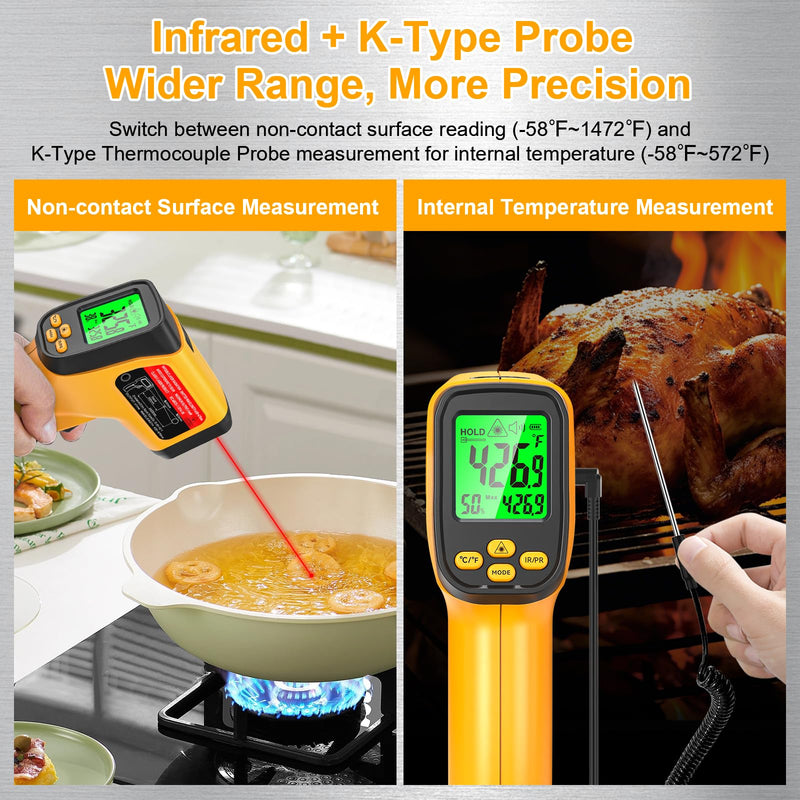[Australia - AusPower] - Dual-Mode Infrared Thermometer Gun, Non-Contact IR & K-Type Thermocouple Probe, -58°F to 1472°F, High Accuracy, Laser Temperature Gun with Humidity Display, Emissivity, Max/Min, for Cooking BBQ HVAC 