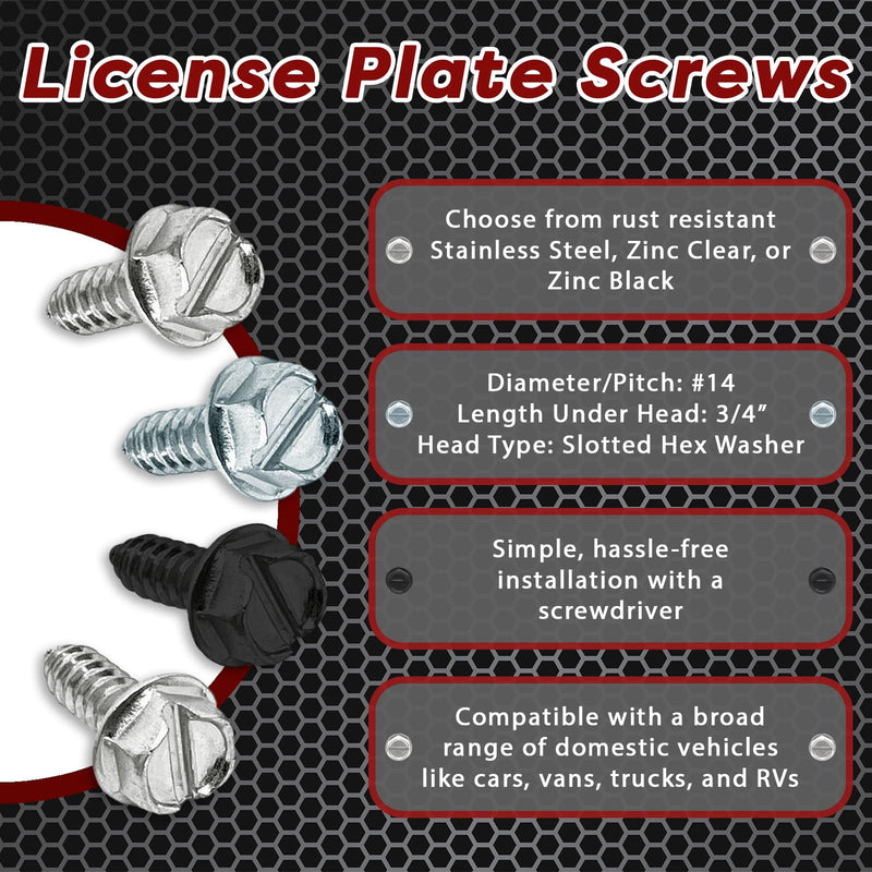 [Australia - AusPower] - 100 Pack License Plate Screws for Front and Back License Plates and License Plate Frames and Covers on Cars, Trucks, SUVs - Rust Resistant, 14x3/4" Slotted Hex Washer Self Tapping Screws Zinc Clear 100 Pack 