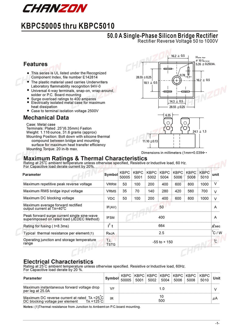 (Pack of 2 Pieces) Chanzon KBPC5010 Bridge Rectifier Diode 50A 1000V KBPC Single Phase, Full Wave 50 Amp 1000 Volt Electronic Silicon Diodes [1] KBPC5010