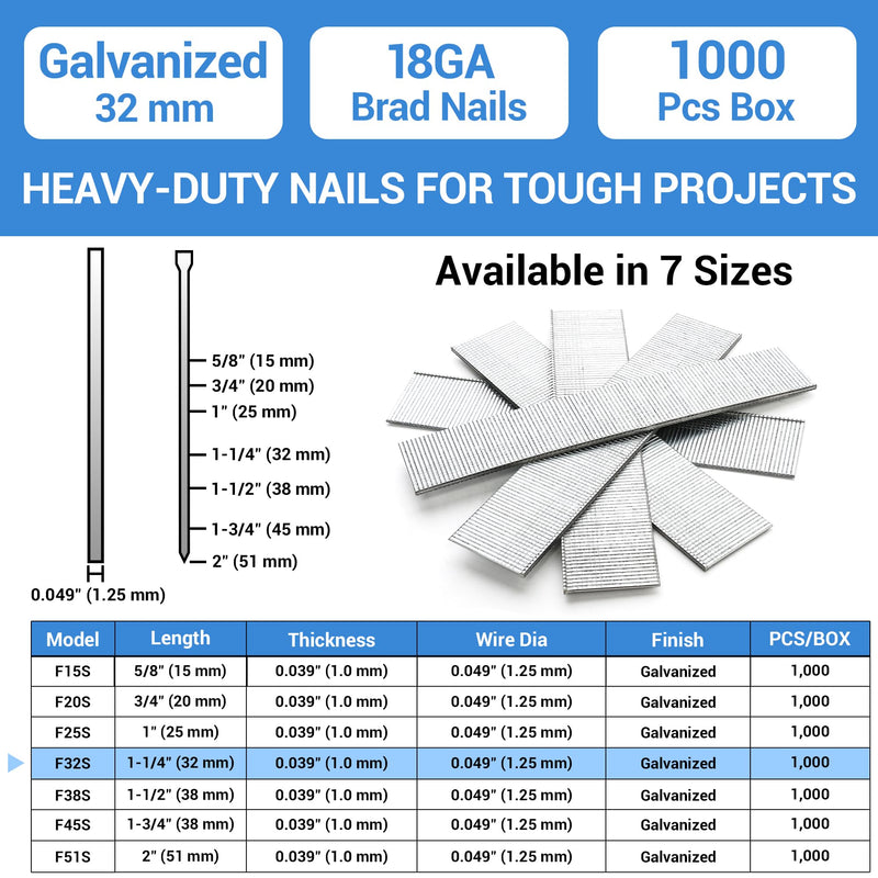 [Australia - AusPower] - meite 18 Gauge Brad Nails, 1-1/4 Inch 18GA Brad Nails Galvanized Small Finishing Nail Gun Nails for Pneumatic, Electric Brad Nailer Gun (1,000 Counts) 