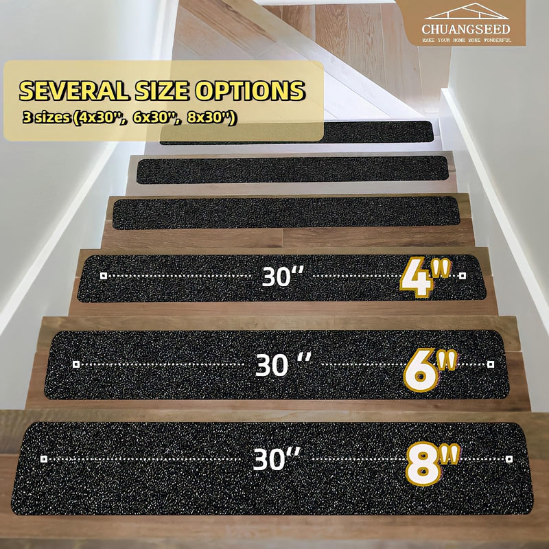 CHUANGSEED 12-Pack Non-Slip Outdoor Stair Treads Grip Tape 4'' x 30'', Heavy Duty Black Grit Anti-Slip,High Traction Adhesive Treads Suitable for Most Slippery Surfaces 4''x30''