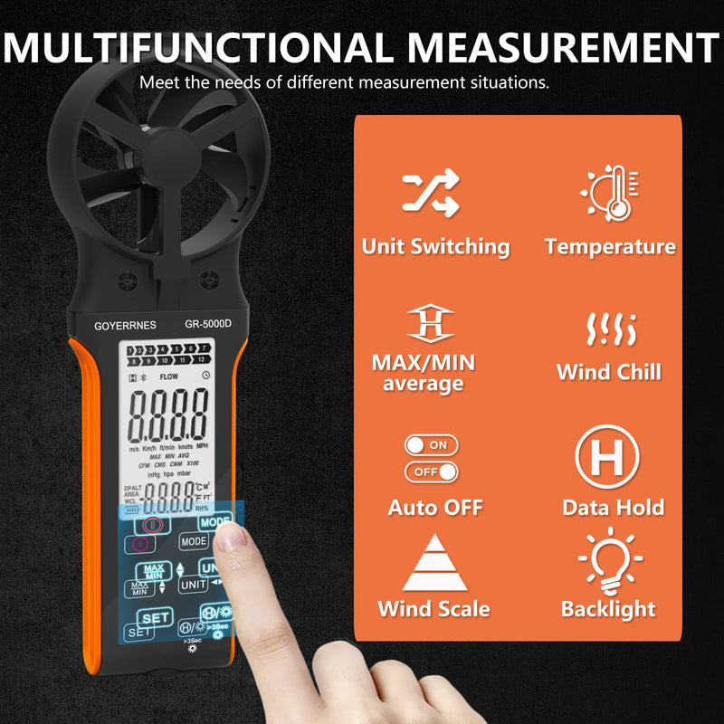 [Australia - AusPower] - Air Flow & Wind Speed Meter, Handheld CFM Anemometer with Waterproof Touch Button, CFM Meter Gauge Air Velocity Measuring Device for HVAC Outdoor [Rechargeable] 