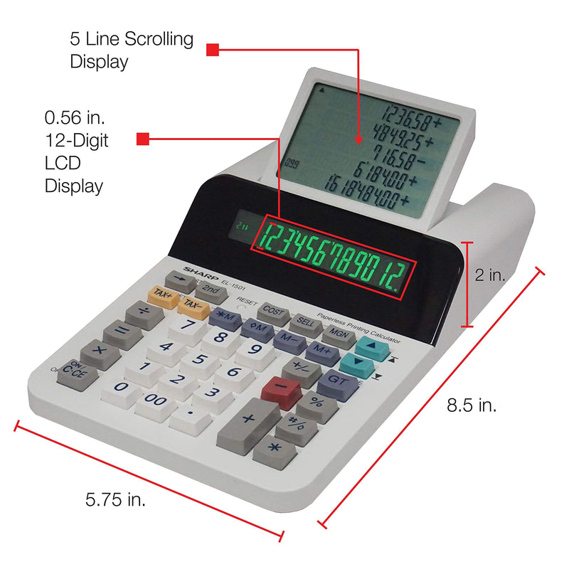 [Australia - AusPower] - Sharp El-1501 Compact Cordless Paperless Large 12-Digit Display Desktop Printing Calculator That Utilizes Printing Calculator Logic 