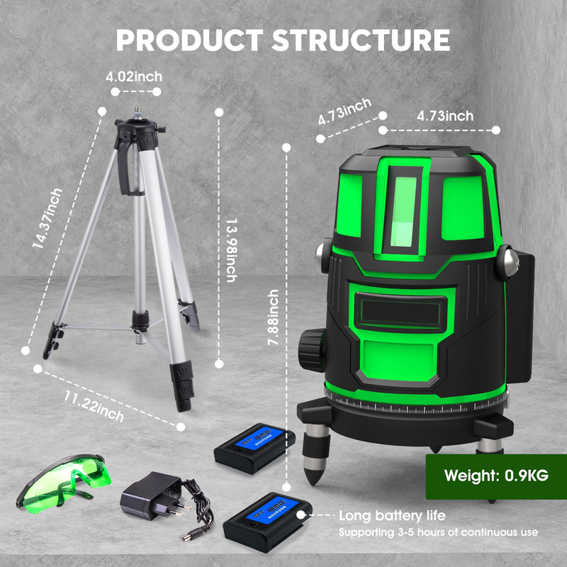 [Australia - AusPower] - 5 Lines Laser Level Tool 360 Self Leveling Precision Cross Line with Tripod, Indoor & Outside Green Laser Level with 2 Batteries & Toolbox for Picture Hanging, Tile Leveling 