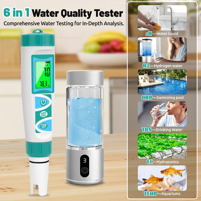 [Australia - AusPower] - pH H2 Tester for Hydrogen Water Bottle TDS ORP Meter for Testing Drinking Water PPM EC Meter for Water Hydroponics 6 in 1 pH H2 ORP TDS EC Temp Meter for Pool, Kombucha, Brewing 6 in 1 tester 