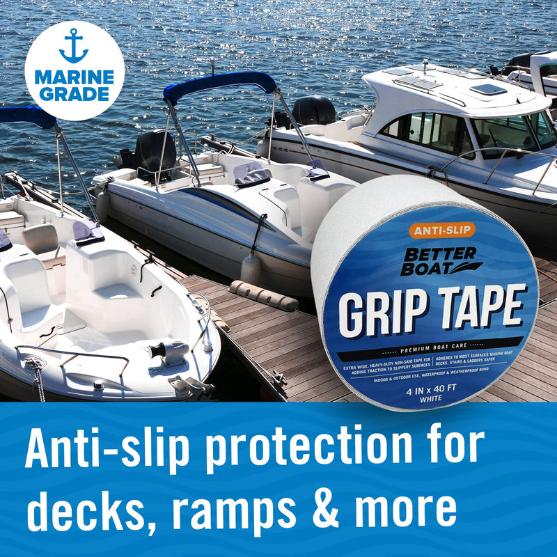 Better Boat Anti Slip Tape for Outdoor Stair Treads, Non-Skid Grip for Stairs and Steps, 4" x 40ft Roll, White Waterproof Traction, Weather-Resistant Friction Floor Tread for Dogs and Steps