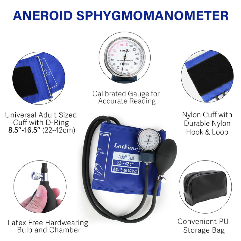 [Australia - AusPower] - LotFancy Aneroid Sphygmomanometer, Professional Manual Blood Pressure Cuff, Adult Cuff 8.5"-16.5", Calibrated BP Gauge, with Zipper Case, Blue 