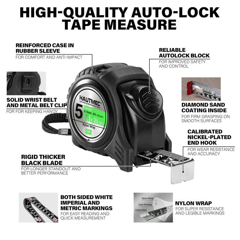 HAUTMEC Tape Measure 16ft/5m Dual Scale Metric Measuring Tape, Auto-Lock with Nylon Coated Blade & Rubber Case, for Construction, Woodworking, DIY HT0100