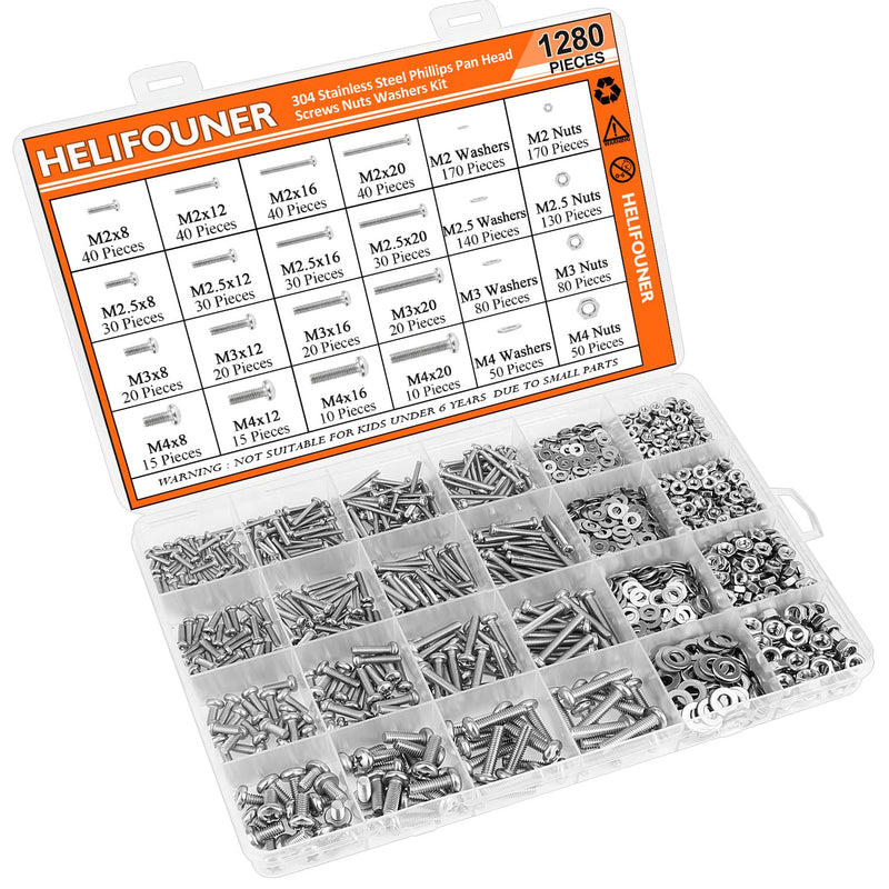 [Australia - AusPower] - 1280 Pieces M2 M2.5 M3 M4 304 Stainless Steel Phillips Pan Head Machine Screws, Metric Screws Bolts Washers Nuts Kit, 304 Stainless Steel 