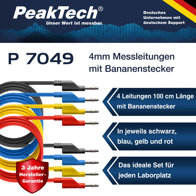 PeakTech P 7049, Set of 4 Test Leads, 100 cm, Multimeter Test Cable, Laboratory Leads, Measuring Cable with 4 mm Banana Plug, Stackable, in 4 Colors, 1 m Length 4 x 100cm