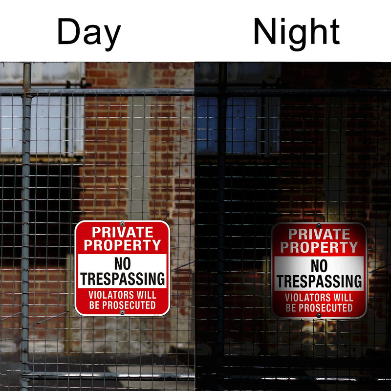 Large (4 Pack) Private Property No Trespassing Sign, 12x12 Inches Metal Heavy Duty Reflective Aluminum, Violators Will Be Prosecuted, Weatherproof Up to 7 Years Outdoor 12x12 Inch 4-Pack