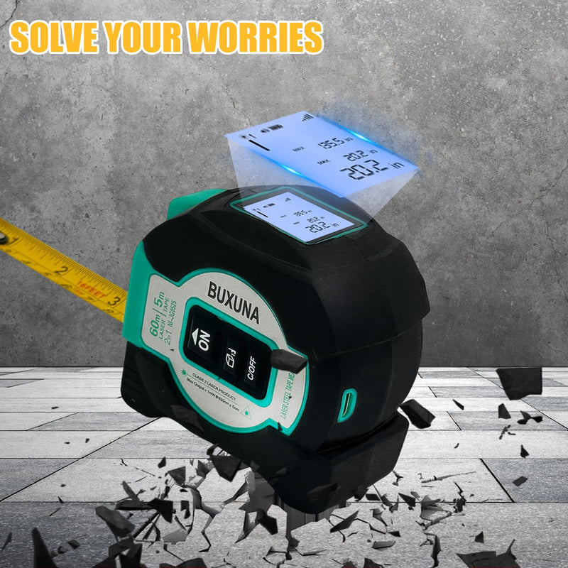 2-in-1 Laser Tape Measure, Digital Tape Measure, 197 Ft Laser Tape Measure & 16 Ft Tape Measure with LED Display, Autolock, Ft/in/M Unit Switch, Measure Area, Volume, Pythagorean