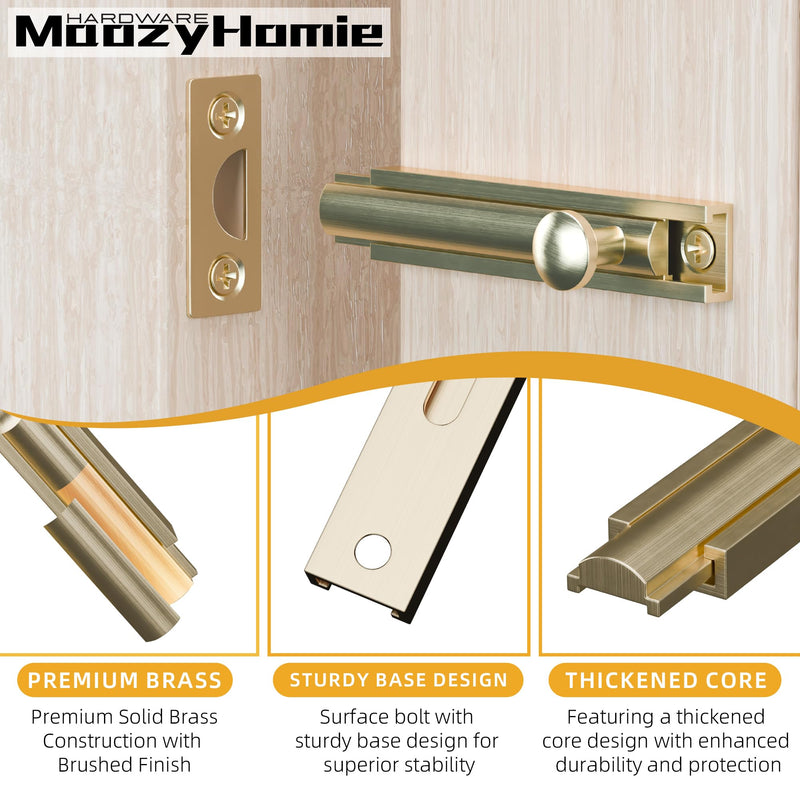 4 Inch Solid Brass Surface Bolt, Heavy Duty Concealed Slide Surface Door Bolt, Slide Bolt Latch French Door Lock with Screws for Windows Cabinet Wooden Fence Yard, Brushed Gold, 2 Pack 4 Inch Brushed Gold-2 Pack