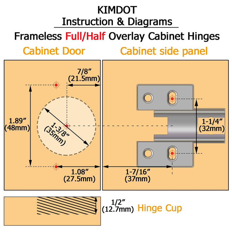 Kimdot Full Overlay 35mm Cup European Hidden Hinge Clip-on Plate for Easy Installation Kitchen,Bathroom Heavy-Duty Frameless Soft Close Hinge Four Hole Mounting Plate Hinges 10PCS 10