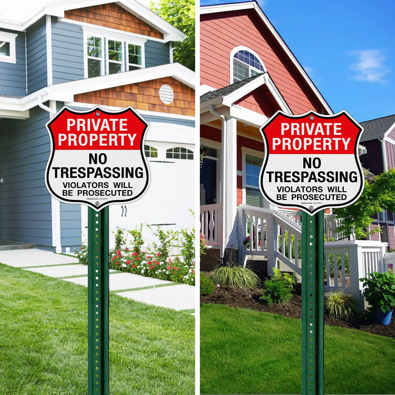 Faittoo Private Property No Trespassing Sign, Violators Will Be Prosecuted, 4-Pack 11.6 x 11.6 Inch Reflective Aluminum Warning Sign, Weather/Fade Resistant, Easy to Install, Durable Ink, Shield Shape Red - 4 Pack