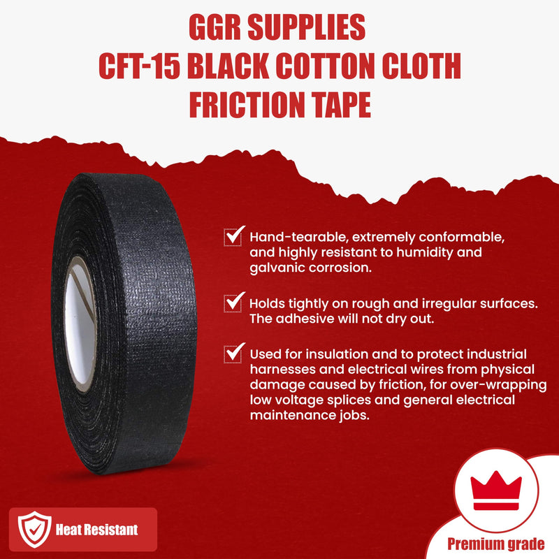 GGR Supplies – T.R.U. CFT-15 Black Cotton Cloth Friction Tape, High Grip Electrical Wire Harness Tape with Non-Corrosive Rubber Resin Adhesive, 1.5 Inch x 60 Feet 1.5 in.