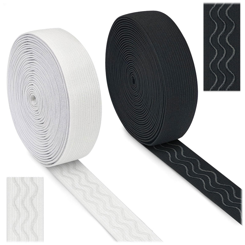 2 Rolls Silicone Gripper Elastic Band for Sewing, 1 in x 5 Yds, Non Slip Wave Silicone Grip Tape Stretchy Ribbon for Clothing Pants Waistband Wig Making, Black + White Black + White: 1 In x 5 Yds