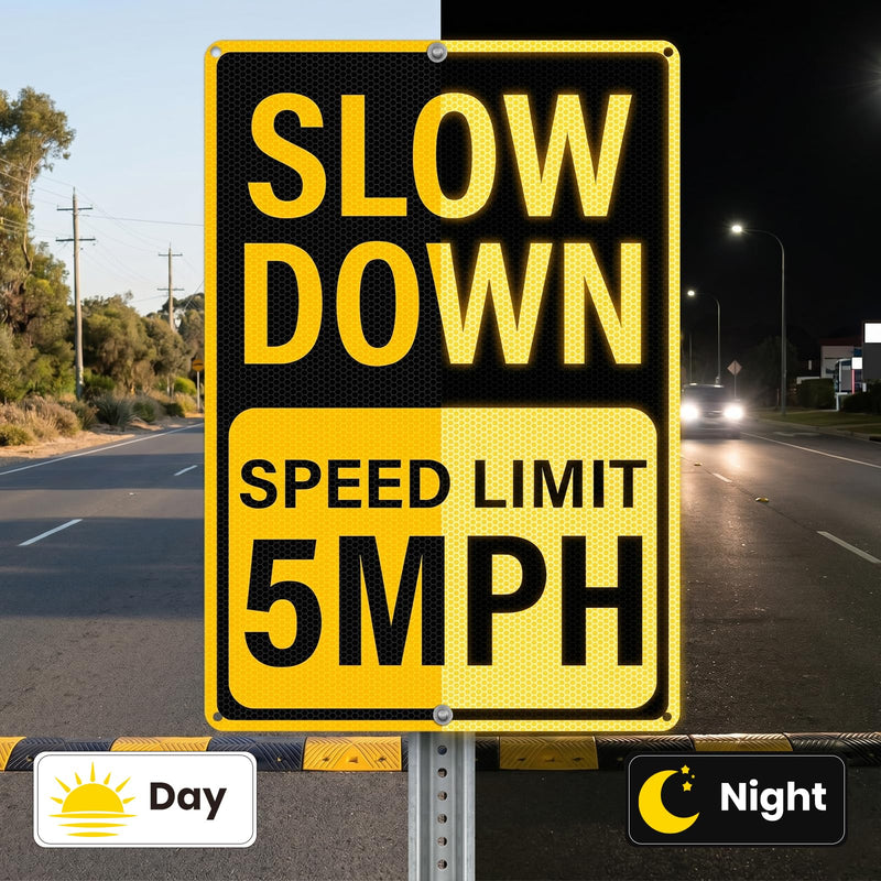 Slow Down Speed Limit 5 MPH Sign 12 x 18 Inches Reflective Aluminum Metal Traffic Sign Rust-Free Warning Signs for Driveway Parking Lots Neighborhoods Campground 2 Pack Yellow