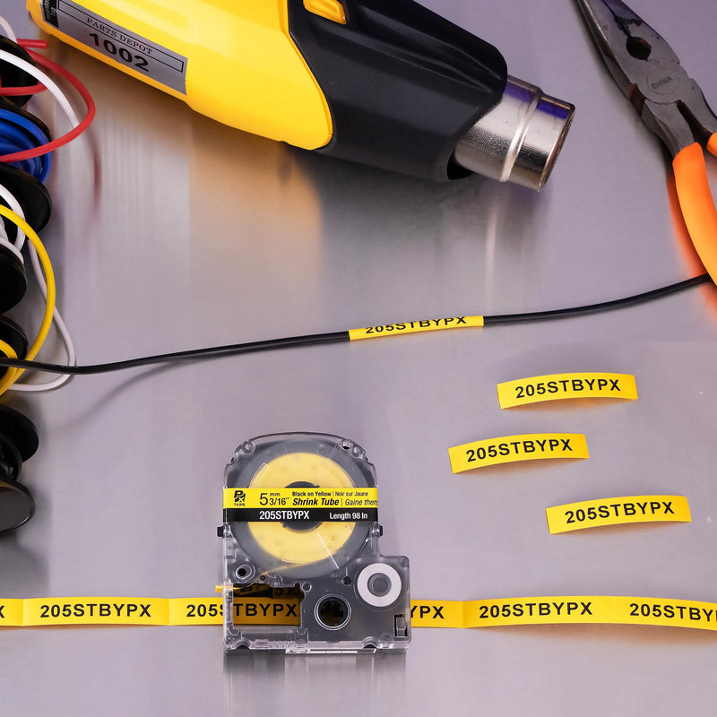 Epson LABELWORKS 205STBYPX Tape Cartridge - Black on Yellow Shrink Tube Industrial Label Maker Tape - AWG 8-12, 3/16" (5MM) Wide, 8 ft (96") 5MM(8-12AWG)