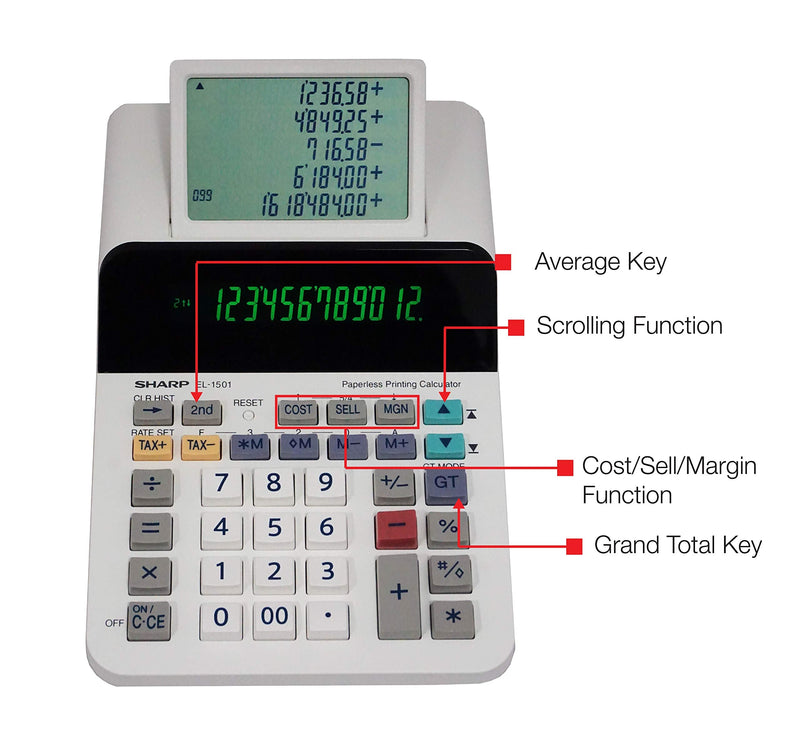 [Australia - AusPower] - Sharp El-1501 Compact Cordless Paperless Large 12-Digit Display Desktop Printing Calculator That Utilizes Printing Calculator Logic 