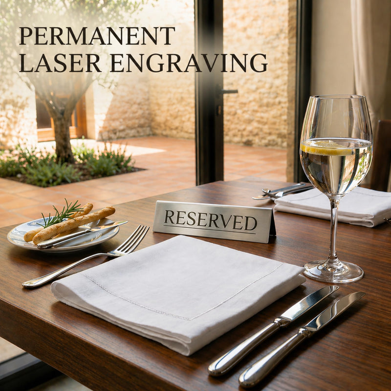Reserved Table Signs Set of 6 | Raised Black Letters, Brushed Stainless Steel, Reusable Double-Sided | Reserved Seating Signs for Weddings, Restaurants, Church Pews, Events | 6×1.6 in Silver/Black Letters 6 Pieces