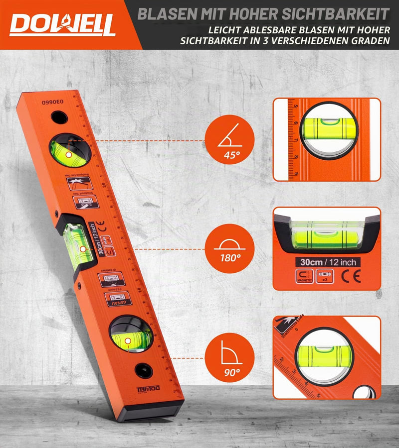 DOWELL Magnetic Spirit Level with Metric Scale 300 mm/12 Inches, 3 Different Levels - 45°/90°/180°