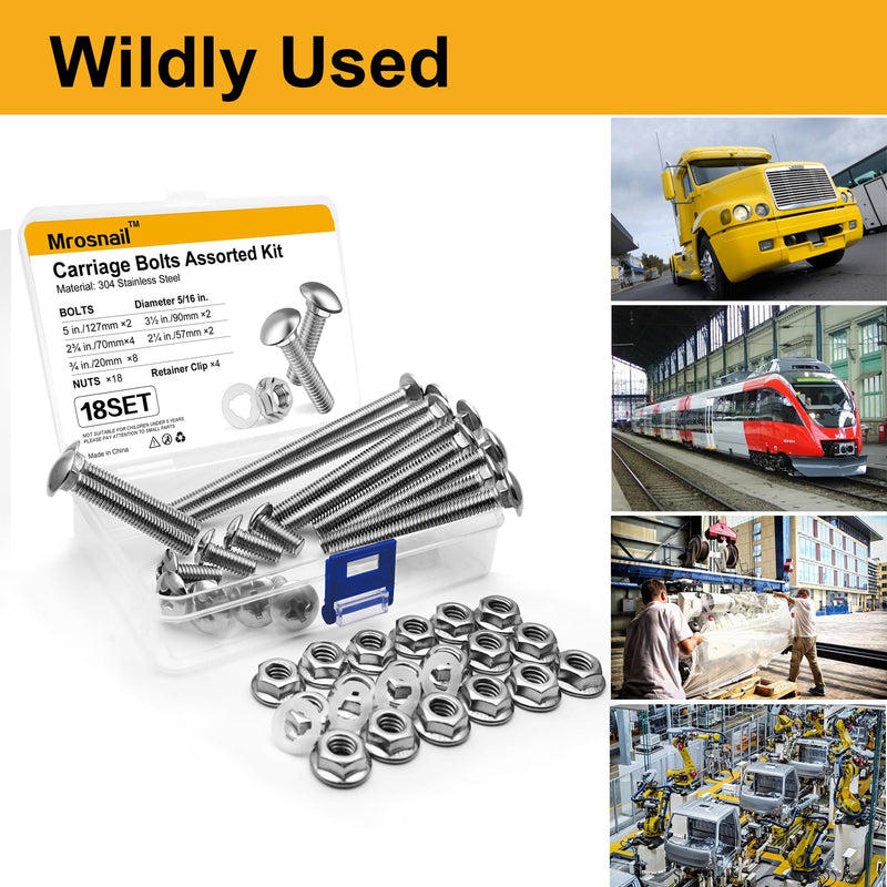 [Australia - AusPower] - Wheelbarrow Carriage Bolts and Nuts Kit,Stainless Steel Carriage Bolts 5/16-18 5”,3-1/2”,2-3/4”,2-1/4”,3/4”,Flange Hex Nuts,Nylon Retainer Clips,Wheelbarrow Handles Replacement Parts,18Sets S 