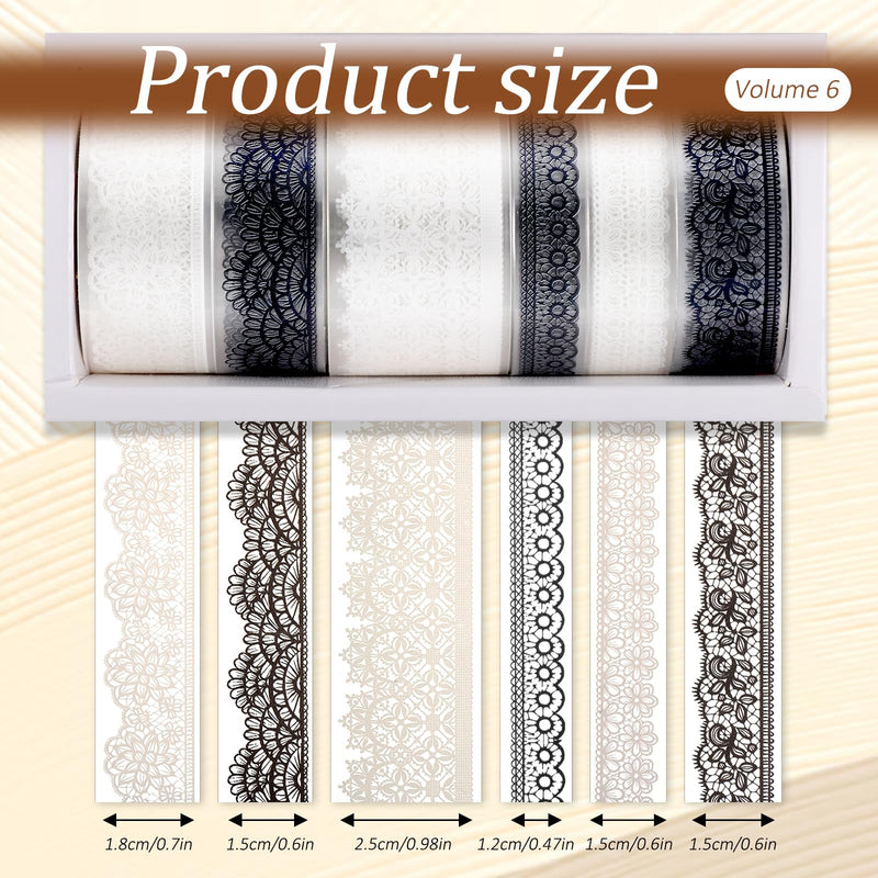 6 Rolls Floral Arts Decorative Tape, Lace Patterns PET Tapes, Washi Tape Set, Adhesive Transparent Masking Tapes for DIY Craft, Scrapbook, DIY, Gift Wrapping, Journal (Black, White)