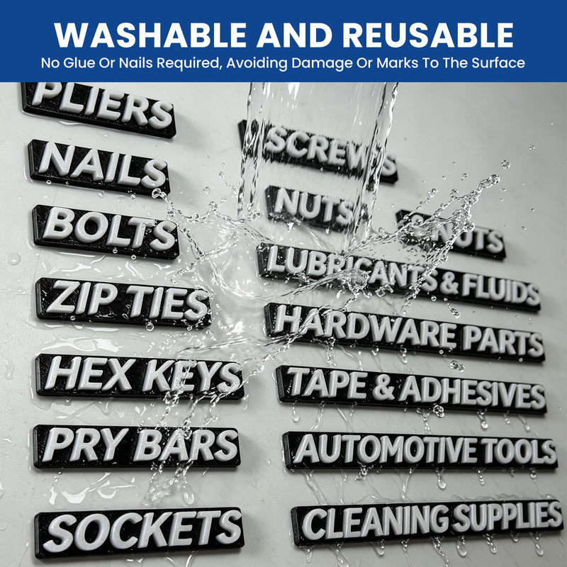 Magnetic Toolbox Labels: 28 Strong Magnets + 80 Premium Adhesive Pads. 3D for Steel/Wooden Toolboxes, Garage Organization (Black)