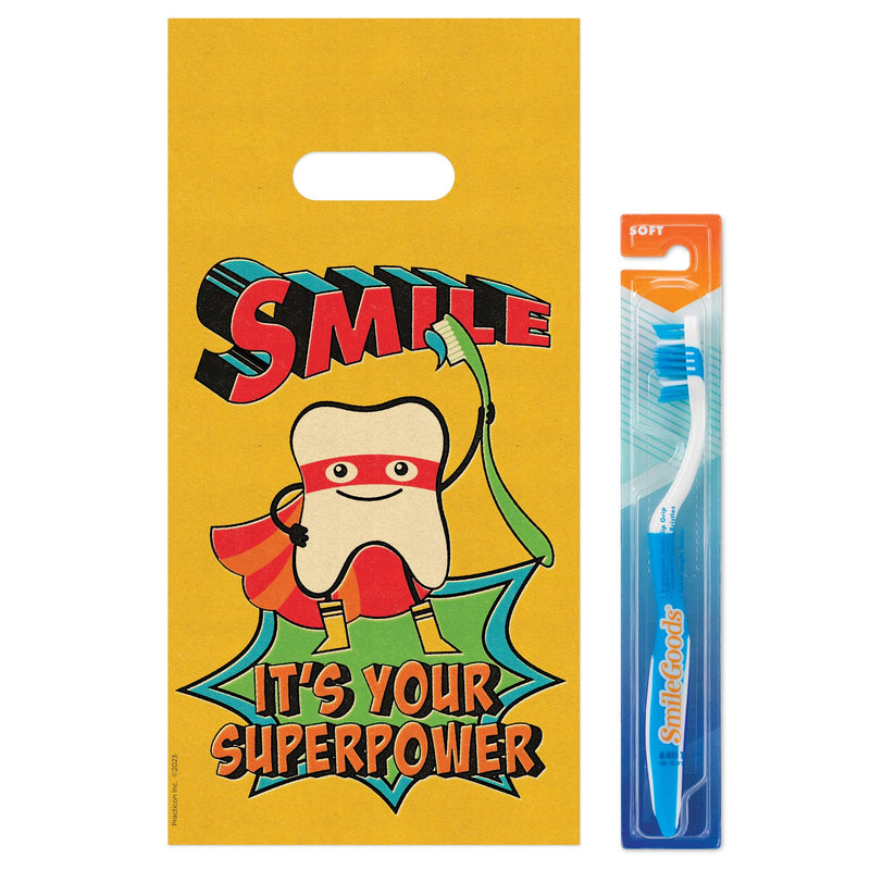 [Australia - AusPower] - Practicon Smile Superpower 6" x 12" Dental Giveaway Bag, Dental Hygiene Patient Care Goodie Bag, Dentist Office Plastic Gift Bags, 100 Pack 6" x 12" 