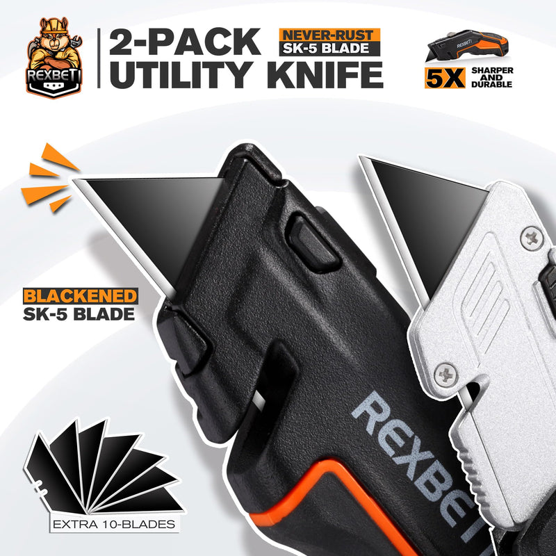 [Australia - AusPower] - REXBETI 2-Pack Utility Knife, SK5 Heavy Duty Retractable Box Cutter for Cartons, Cardboard and Boxes, Blade Storage Design, Extra 10 Blades Included（Total 18 Blades） 2 pack 