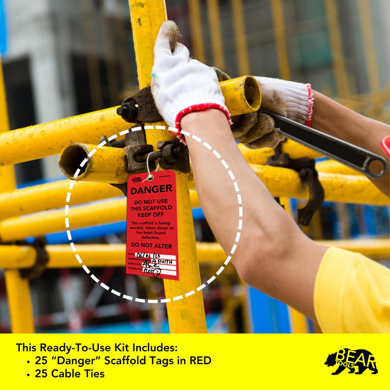 BearTOOLS Scaffold Tags - Safety Inspection Kit with Cable Ties - Danger Scaffold Status Warning Sign - Laminated 3 x 6 in, Pack of 25 - Weatherproof, Tear-Resistant - Red Tags