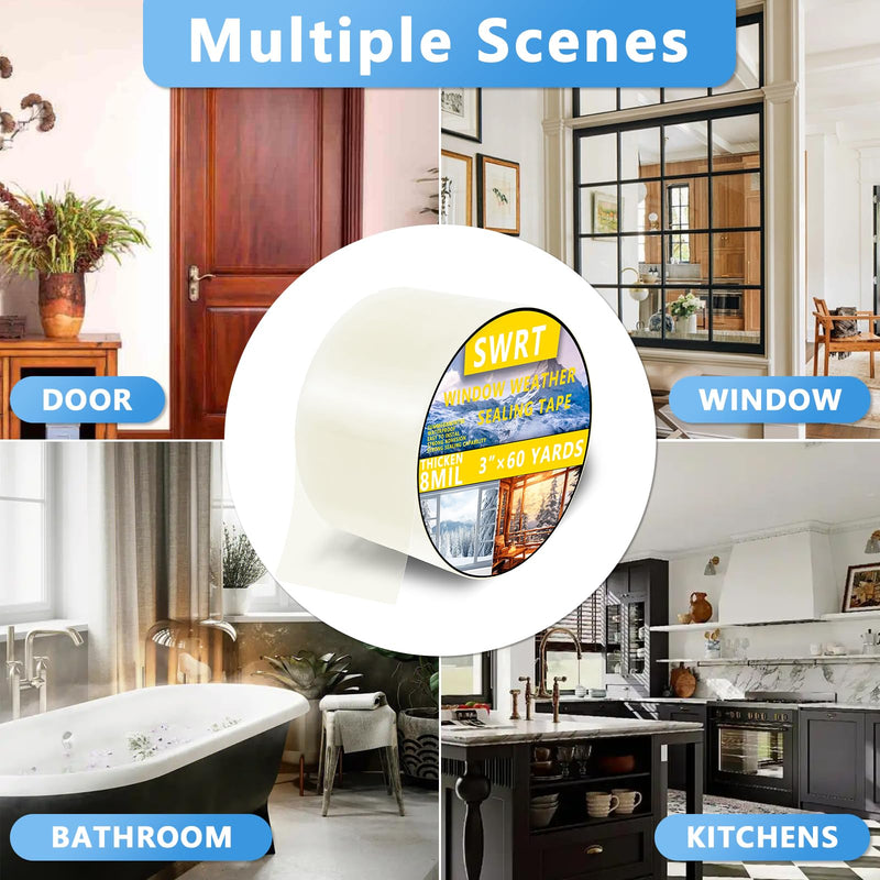 SWRT 3”x 60 YD 8 Mil Heavy Duty Transparent Window Weather Sealing Tape, No Residue Window Insulation for Winter, Preventing Cold Air Loss in Summer Door and Window Seal Kit 3''× 60 YD