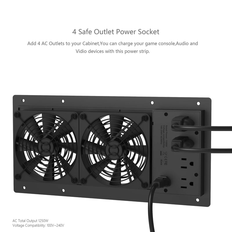 Hiree Quiet Cooling AC Fan Dual 4 inch Ventilation Axial Muffin Fan with 4 AC Power Outlet for Home Theater Receiver DVR Amps AV Computer Cabinet Closet Electronic Equipment DIY Vent Exhaust System