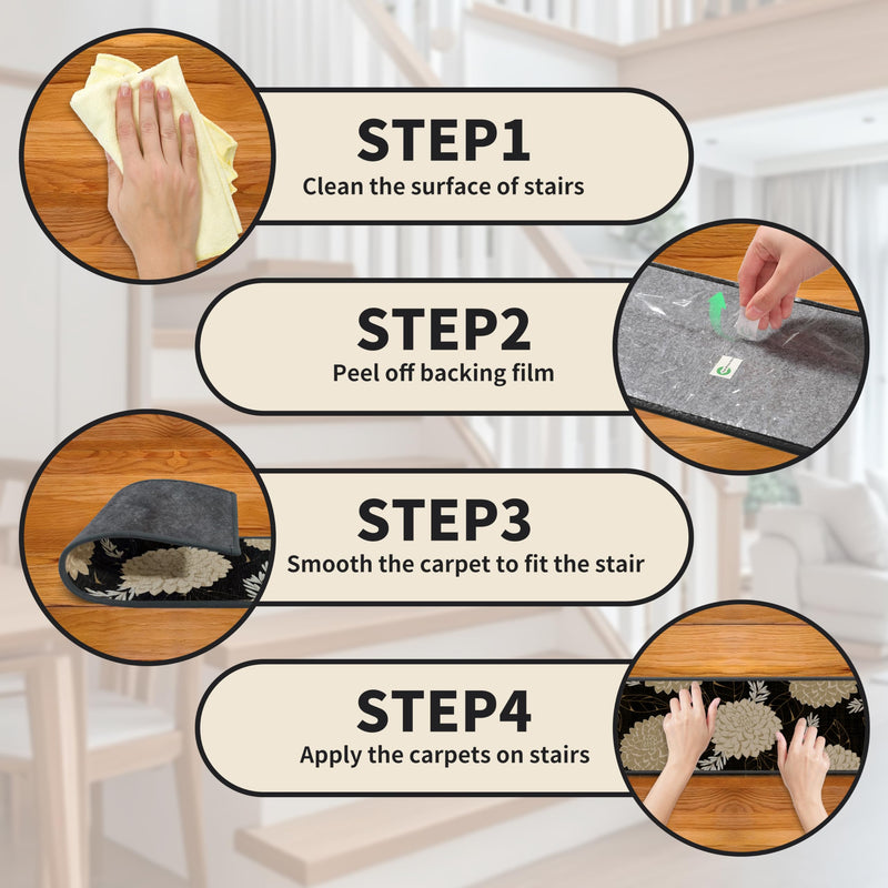 Non-Slip Carpet Stair Treads 4PCS, 8"x30" Peel and Stick Stair Runner for Wooden Steps Indoor, Washable Reusable Adhesive Backing, Pet-Friendly Safety Mats for Kids, Elders, Dogs 8inch x 30inch Black | Beige 4