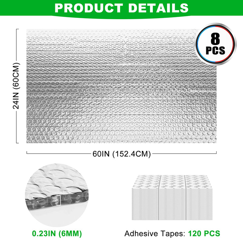 8P Garage Door Insulation Kit Panels 6MM 10x8FT for Single Garage Door, Pre-Cut Bubble Reflective Aluminum Foil Sheet 120 Tape, DIY Install Temperature Control Block Summer Heat & Winter Cold (24x60) 24" x 60"-8 Pack 6MM-Silver