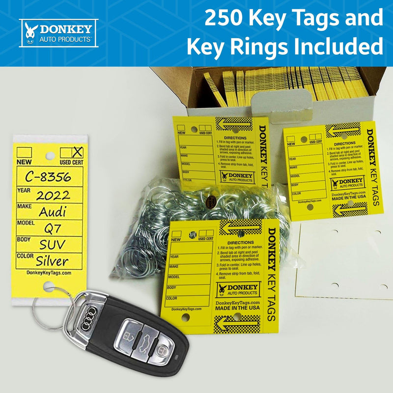 Donkey Key Tags, Laminated Self-Protecting (250 Tags Per Box with Metal Rings) (Yellow) Yellow