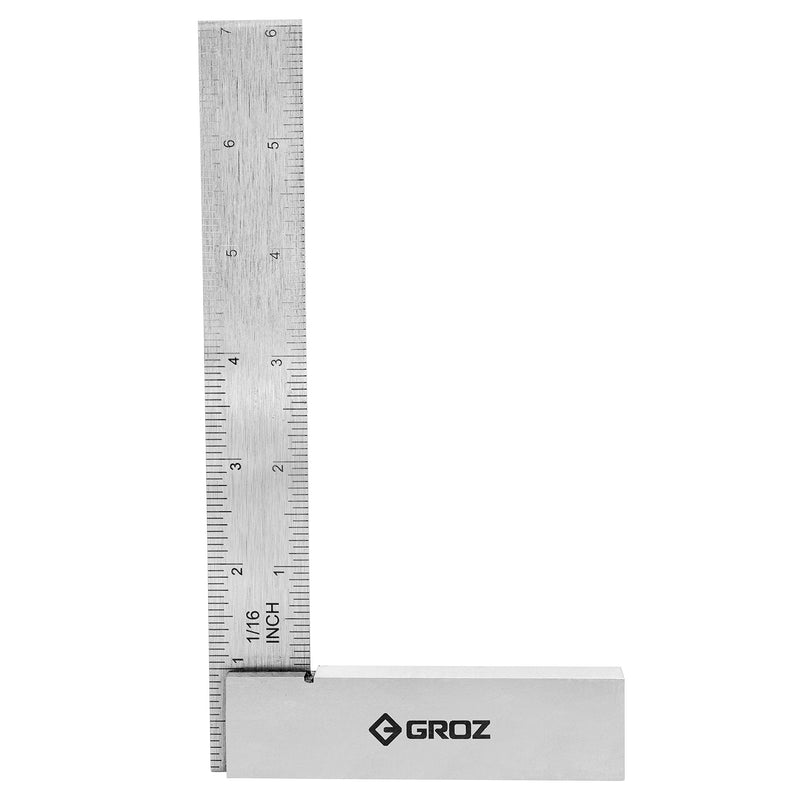 Groz 6" Graduated Workshop Steel Square, 0.00028" Squareness Tolerance, Hardened Spring Steel Blade, Precision Machinist Try Square for Layout, Setup and Inspection (01143) 6 Inch