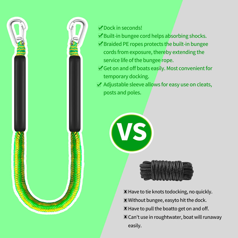 Bungee Dock Lines for Boats, Non-Sink Floating Rope with Double Hooks, Heavy Duty Boat Tie Downs for Dock for Pontoon Jet Ski (Green & Yellow, 4FT) Green & Yellow