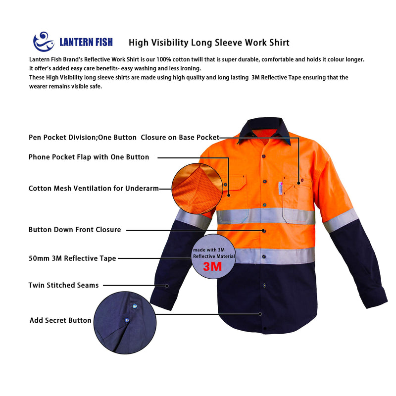 LANTERN FISH High Visibility Shirts with Reflective Tape Class 3 Construction Safety Work Shirts for Men Women XX-Large Orange/Navy
