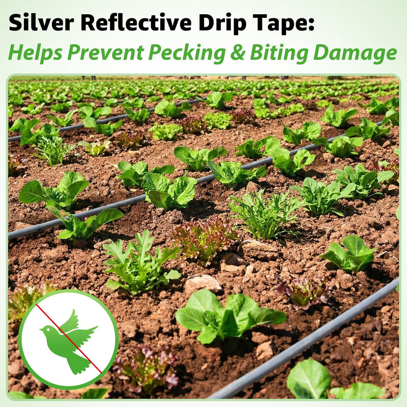 500FT 5/8" Drip Tape Irrigation, 16 Mil Heavy Duty with 6" Emitter Spacing, Silver Reflective Drip Tape Resistant to Pecking & Biting, Heat-Safe for Seedlings, Ideal for Garden Farm Greenhouse Patio 500FT 16MIL